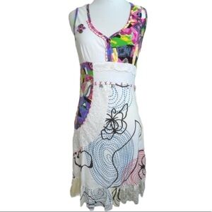 Forla Paris Mixed Media Sleeveless Dress Lace Abalone Shell Cotton Sz S